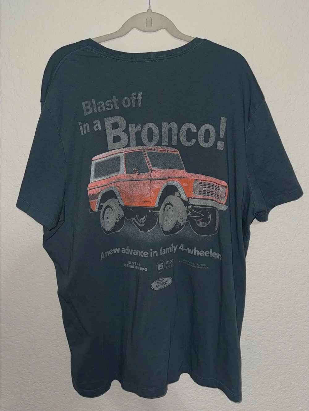 Ford Bronco Distressed Retro Ad Graphic Tee Charcoal Blue XXL